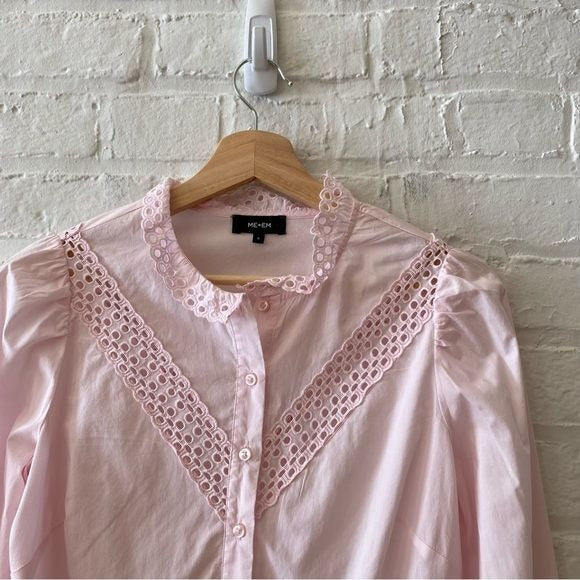 ME+EM || High Standing Ruffle Collar Broderie Blouse Poplin Pink US 2 UK 6