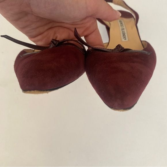 Manolo Blahnik || Slingback Kitten Heels Mules Suede Bow Burgundy Wine Red 37.5