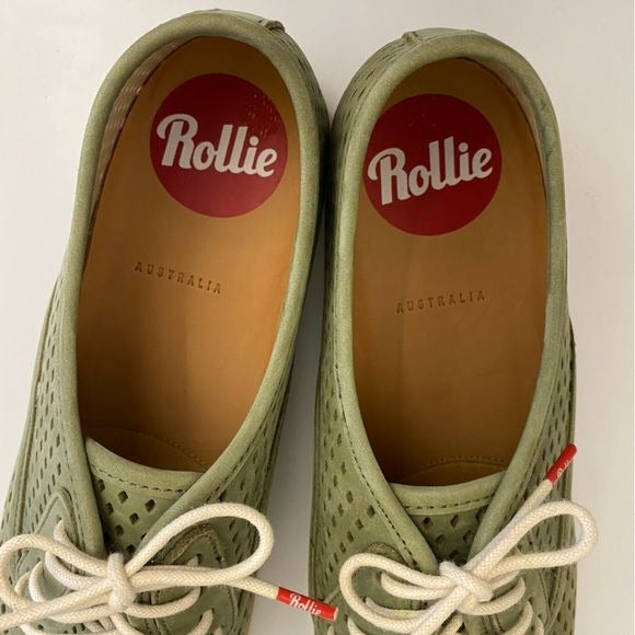 Rollie || Derby Punch Perforated Leather Lace Up Oxfords Flats Green 40