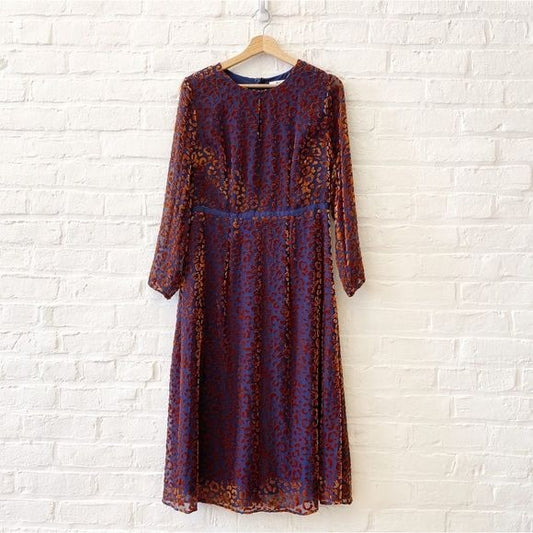 Boden || Marie Devore Dress Velvet Leopard Midi Keyhole Navy Copper Orange 8