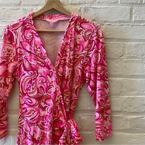 Lilly Pulitzer || Karlie Wrap Romper in Mango Salsa Pink Medium