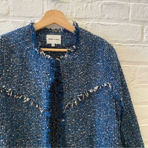 Bimba y Lola || Tweed Fringe Open Front Topper Coat Jacket Blue Black XS