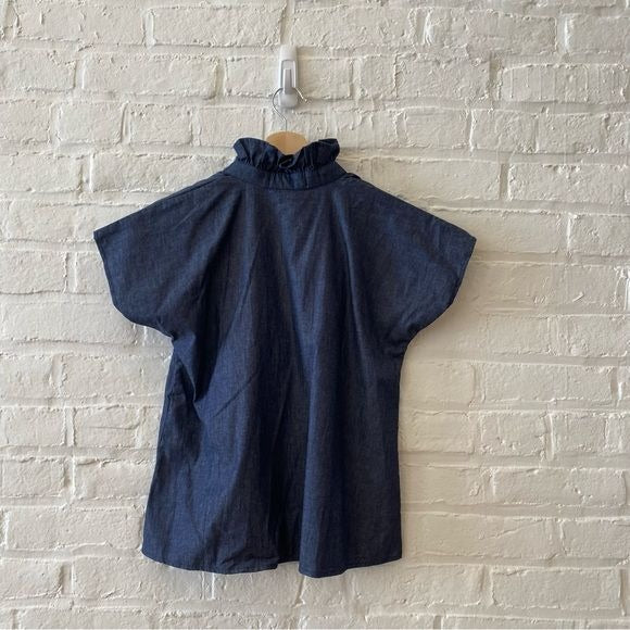 Never a Wallflower || Vicki Top Dark Denim Chambray Blue High Ruffle Neck XS NWT