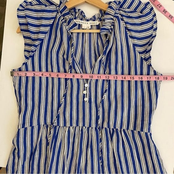 Veronica Beard || Zee Striped Tiered Mini Dress Linen Blend Cobalt Blue 0