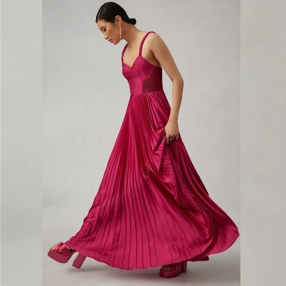 Anthropologie || Hutch Corset Pleated Braided Strap Gown Formal Maxi Pink Fuchsia 2