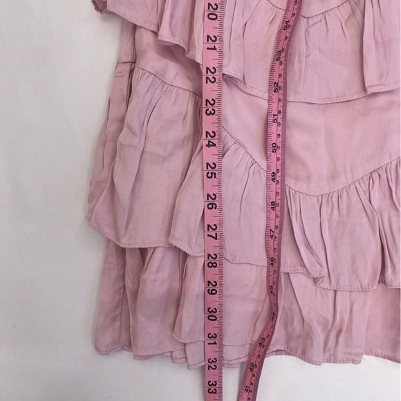 Olivaceous || Smocked Tiered Ruffle Mini Dress Satin Pink Small