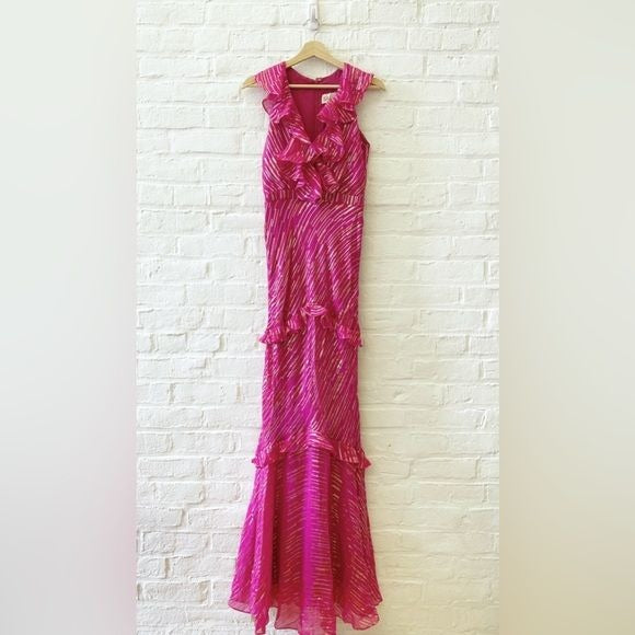 SALONI || Rita Silk Ruffled Gown Metallic Maxi Dress Magenta Pink US 4