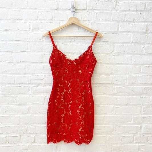 House of CB || Odelia Lace Mini Dress Red Scalloped Hem Bustier XS