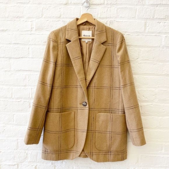 Madewell || Larsen Blazer in Windowpane Check Wool Blend Camel Tan Medium