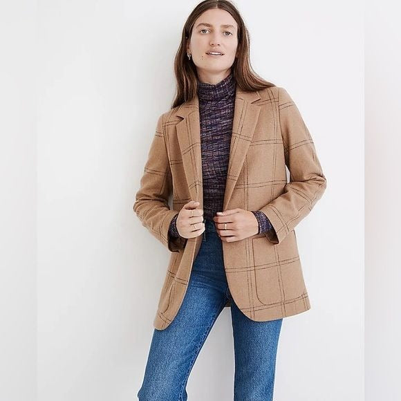 Madewell || Larsen Blazer in Windowpane Check Wool Blend Camel Tan Medium