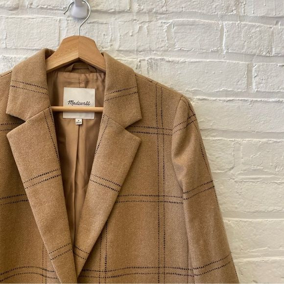 Madewell || Larsen Blazer in Windowpane Check Wool Blend Camel Tan Medium