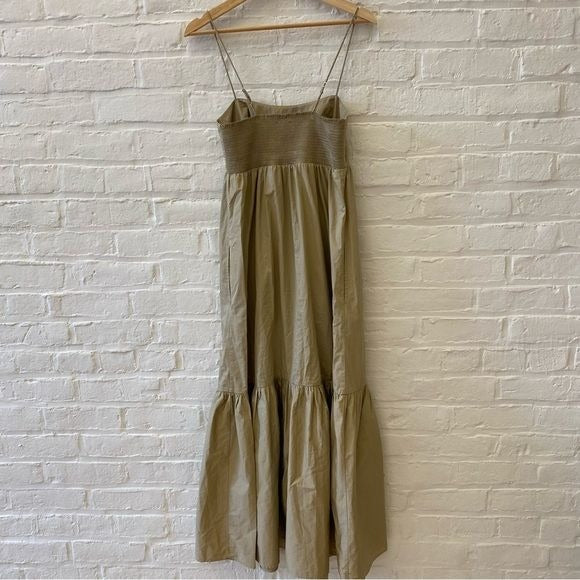 XiRENA || Freya Dress in Birch Poplin Maxi Smocked Back Pockets Tan XS