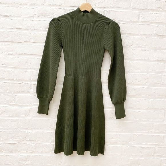 Hill House || The Mariana Sweater Dress Mini Knit Fit Flare Leaf Green XXS