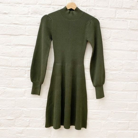 Hill House || The Mariana Sweater Dress Mini Knit Fit Flare Leaf Green XXS