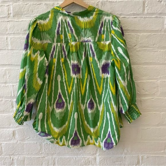 Anthropologie || Sharona Henley Top Blouse Ikat Pattern Green Purple Medium