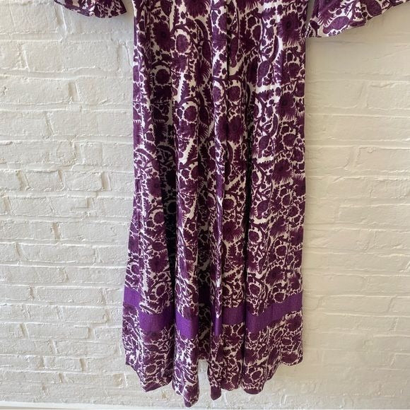 Anaya by Rose || Long-Sleeve Monkey Maxi Dress in Purple Birds Block Print L NWT