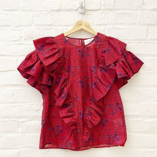 Les coyotes de Paris || Tina Ruffle Floral Silk Blend Top Red Pink 36