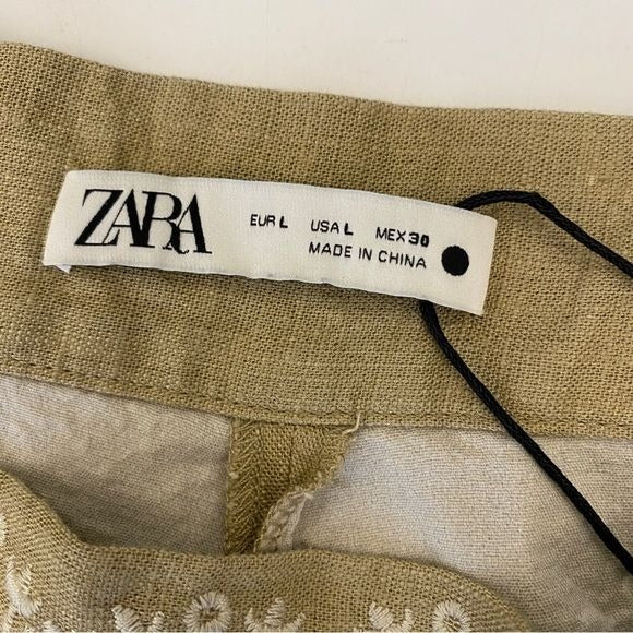 Zara || High Waisted Embroidered Shorts Linen Tan Large