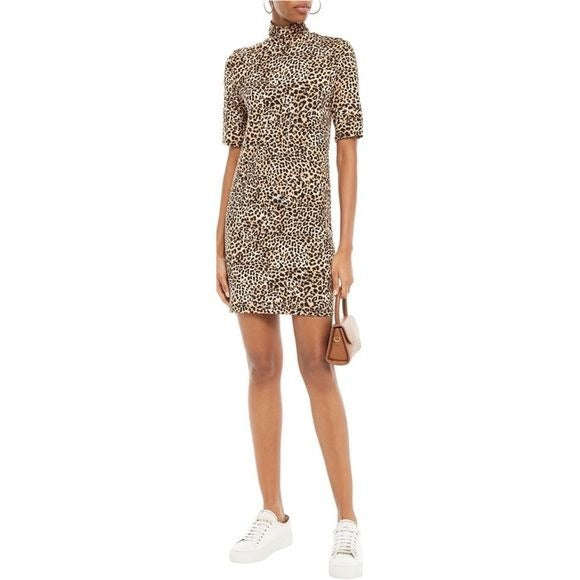 Enza Costa || Leopard-Print Stretch Jersey Turtleneck Mini Dress Tan