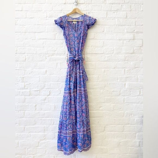 Bell by Alicia Bell || Maya Maxi Dress Block Print Belted Tassels Silk Blue S