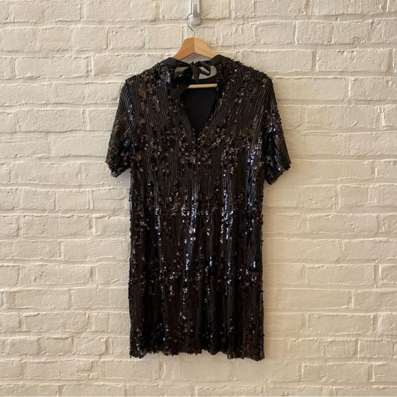 Zara || Sequined Short Sleeve High Neck Tie Little Black Dress Mini XS