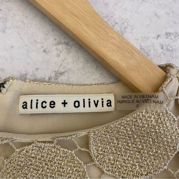 Alice + Olivia || Clyde Gold Metallic Dot Lace Shift Mini Dress 0