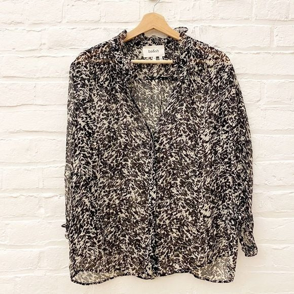 ba&sh || Elia Print Ruffle Blouse Button Up Shirt Sheer Black Medium