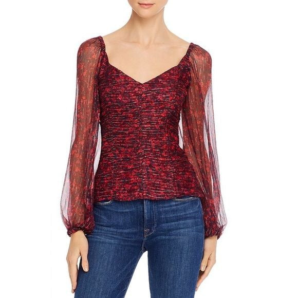 Parker || Catherine Ruched Blouse Silk Metallic Floral Print Red