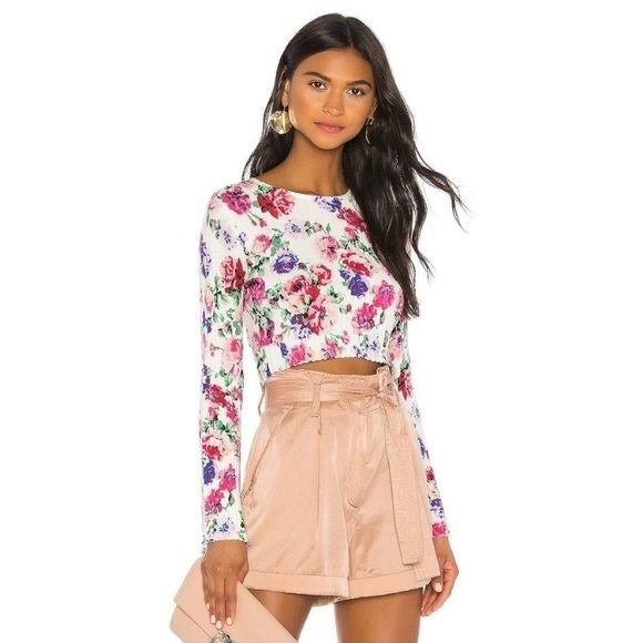 Ronny Kobo || Magda Ribbed Floral Crop Top Bell Sleeve White Pink Medium