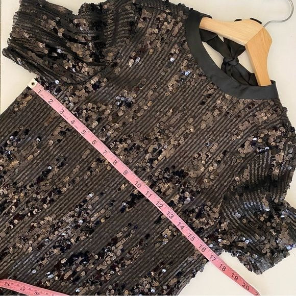 Zara || Sequined Short Sleeve High Neck Tie Little Black Dress Mini XS