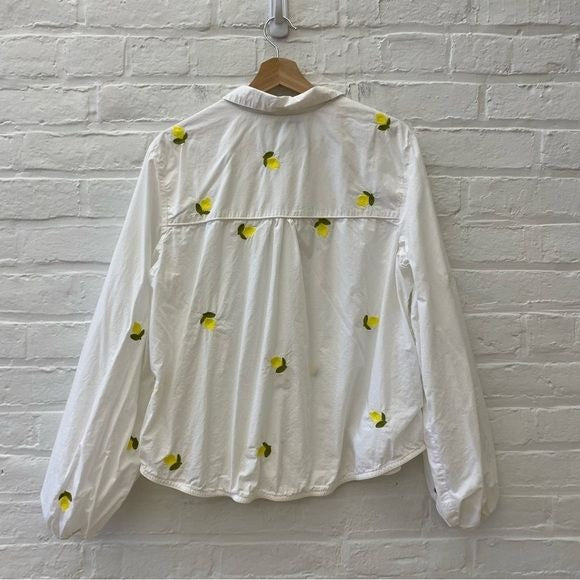 Anthropologie || Maeve Embroidered Button Down Short Buttondown Lemons White XL