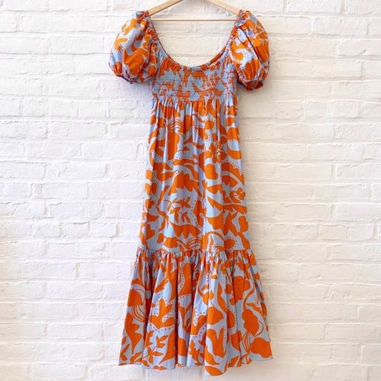 La Ligne || Amy Puff Sleeve Smocked Maxi Dress Periwinkle Tangerine Orange L NWT