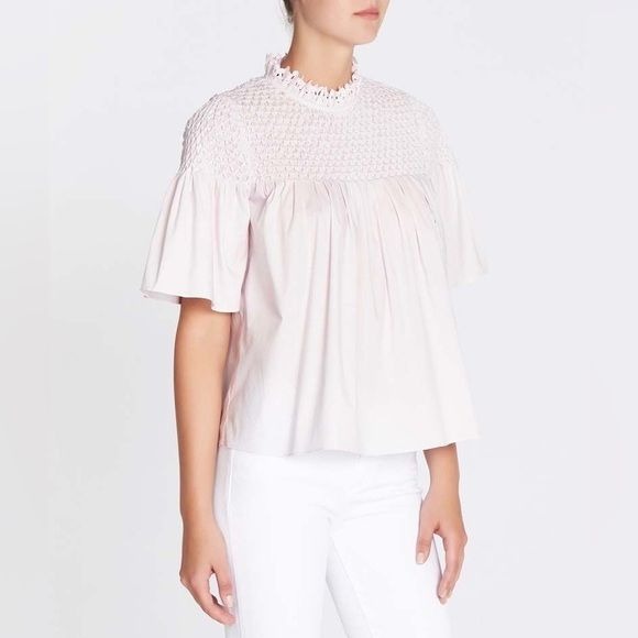 Rebecca Taylor || Short Sleeved Sateen Smock Top High Eyelet Neck Blush Pink 6