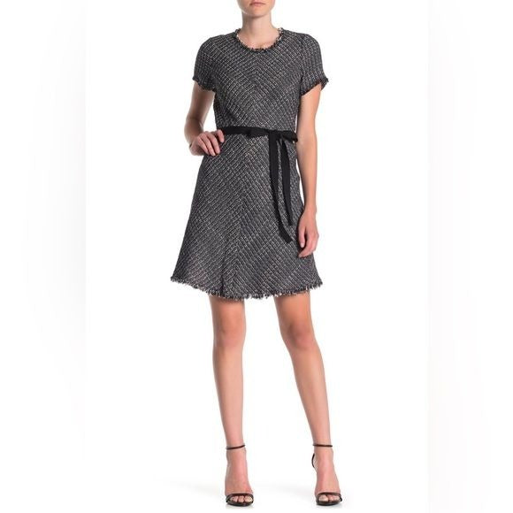 Rebecca Taylor || Short Sleeved Tweed Fit Flare Dress Belted Bow Black White 8