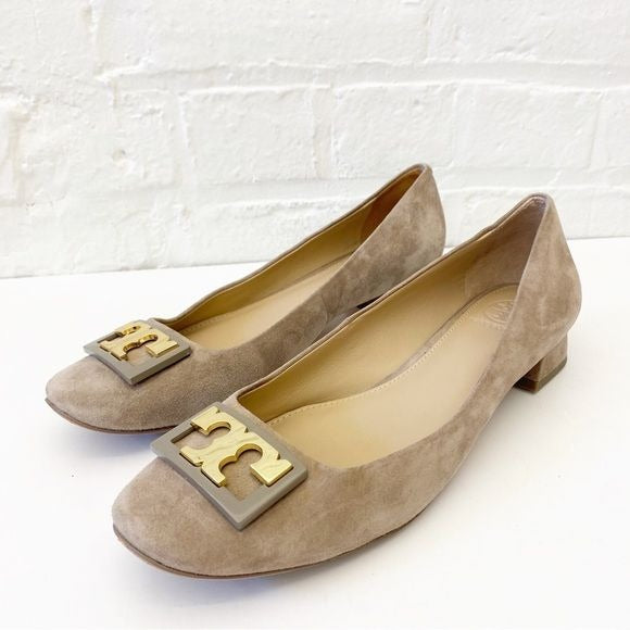 Tory Burch || Gigi Logo 25mm Low Pumps Suede French Gray Tan Gold 8.5