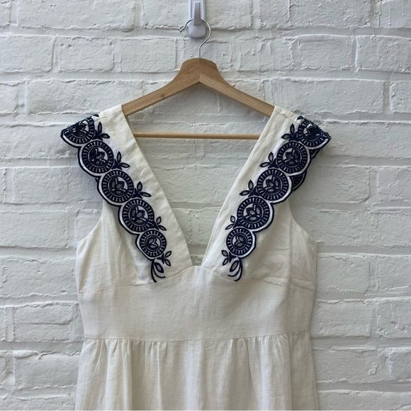 J.Crew Collection || Embroidered Eyelet Linen Midi Dress White + Navy 10 NWT