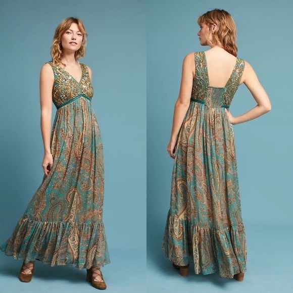 Anthropologie || Ranna Gill Beaded Sequin Paisley Maxi Dress Gown Teal Gold 0