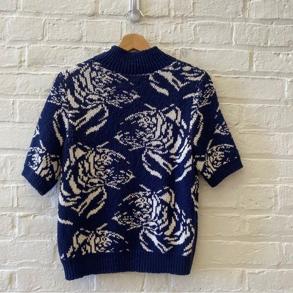 Anthropologie || Maeve Divendra Sweater Short Sleeve Mock Neck Tiger Navy Blue M