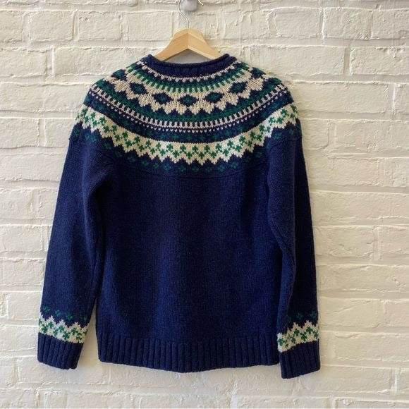 L.L. Bean || Classic Ragg Sweater Crewneck Fair Isle Lambs Wool Navy Green XS