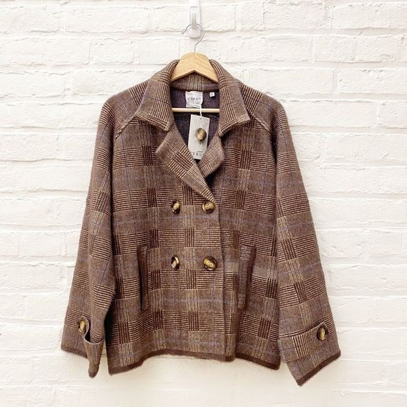 Cyrus || Double Breasted Sweater Jacket Coatigan Kingston Plaid Brown M NWT