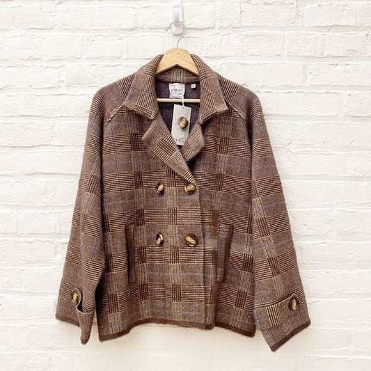 Cyrus || Double Breasted Sweater Jacket Coatigan Kingston Plaid Brown M NWT