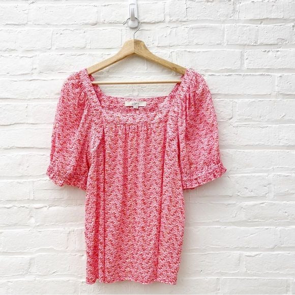 LOFT || Floral Square Neck Puff Sleeve Top Pink Metallic Medium