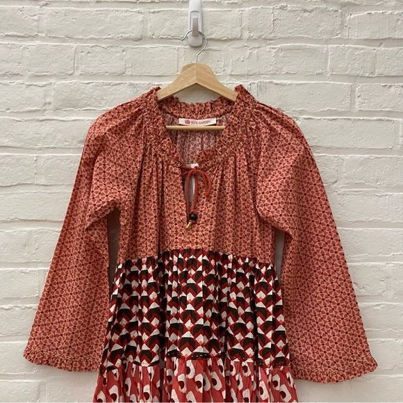 Ro’s Garden || Sonia Dress Short Tiered Long Sleeve in Phoenix Red Pink S NWT