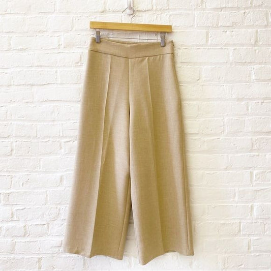 Zara || Wide Leg Cropped Trousers Side Zip Tan Beige Medium