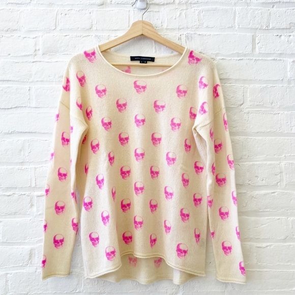 360 Skull Cashmere || Skull Print Crew Sweater Jumper Primrose Hot Pink Ivory M