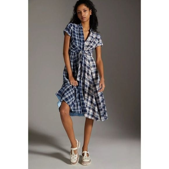 Anthropologie || Pilcro Plaid Shirt Dress Tie Waist Midi Blue XS