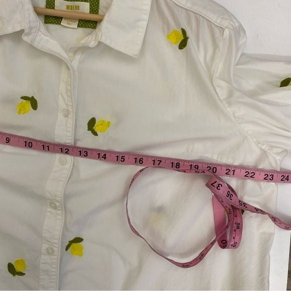 Anthropologie || Maeve Embroidered Button Down Short Buttondown Lemons White XL