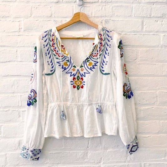 Anthropologie || Forever That Girl Floral Embroidered Peplum Blouse White Small