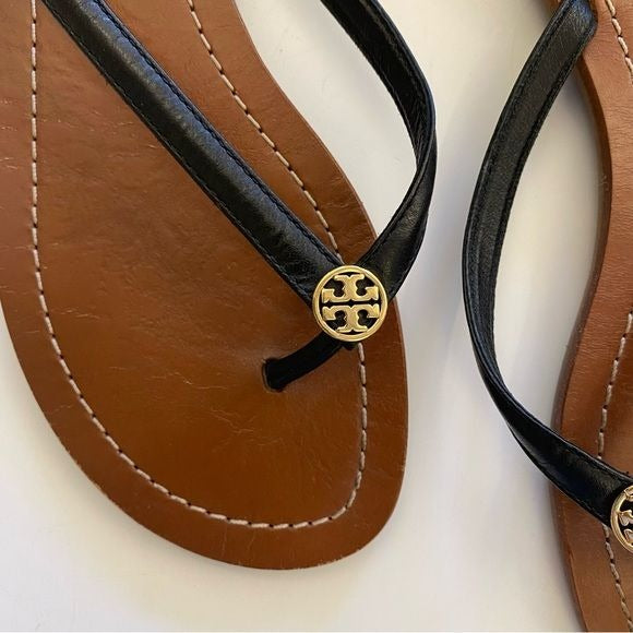 Tory Burch || Terra Leather Thong Sandal Flip Flop Logo Black Gold 8