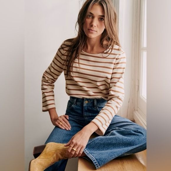 Sezane || Colette Mariniere Top Shirt in Ecru Camel Stripe Medium